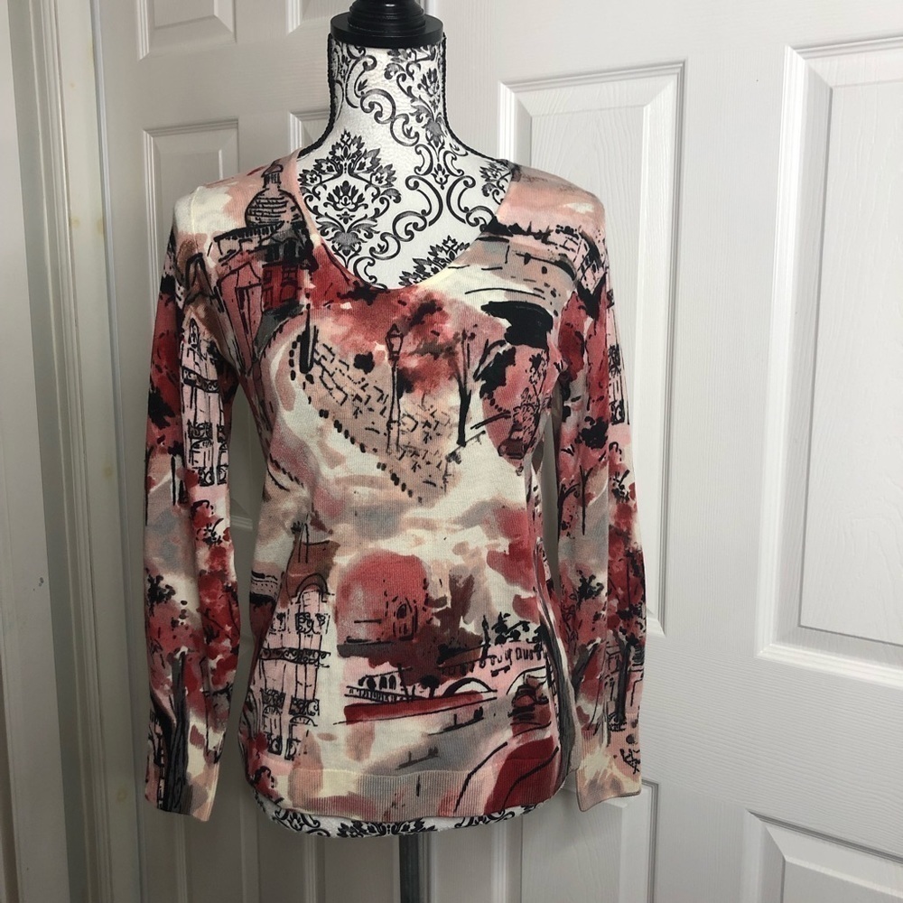 Talbots 100% Merino Wool Red Building Travel Print Scoop Neck Sweater SP Cottage